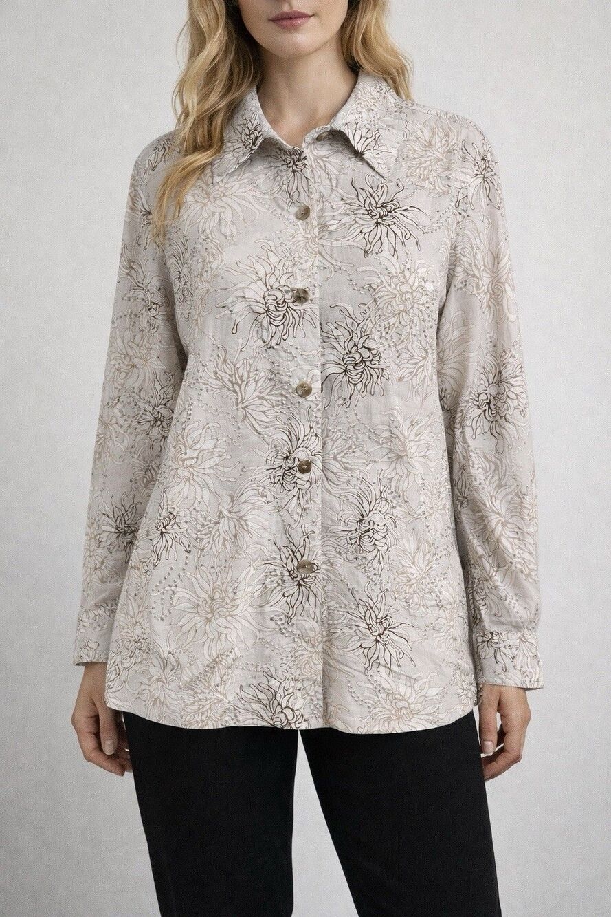 Floral Silk Linen Button Top Shirt L Neutral Boho Ethereal Minimalist Old Money